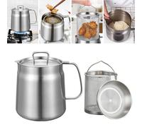 Yeqqzq 2L Oil Filter Pot, 304 Stainless Steel Bacon Grease Container with Strainer & Basket, Large Capacity Multifunctional Oil Strainer Pot for Kitchen Camping