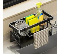 Yeqqzq Kitchen Sink Caddy Organiser, Sink Tidy Organizer, Storage Rack with Self Draining Tray, Dishcloth Hanger, Washing up Utensil Caddy, Kitchen Soap Holder (Black)