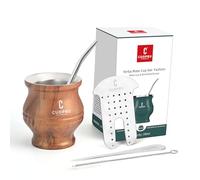 Yerba Mate Cup - Mate Gourd Set Includes Double Walled Stainless Steel Tea Cup, Tea Shaper set, Bombilla Straws, Cleaning Brush (Wood Grain)