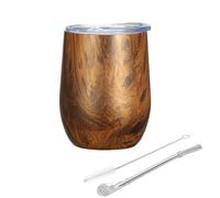 Yerba Mate Cup, Yerba Mate,Double-Wall Yerba Tea Set, Yerba Cup, with Straw Spoon and Cleaning Brush, for Yerba Mate Drink, Coffee, Milk and Juice, Wood Grain Color,12oz(Egg Shape)