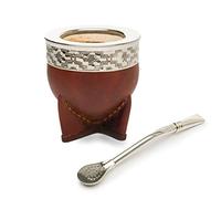 Yerba Mate Gourd Set with Stainless Steel Straw | Handmade Leather Yerba Mate Cup and Bombilla Set from Argentina - Beach Essentials - Idea for Gifts | Travel Cup Mate