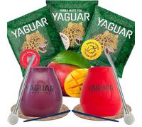 Yerba mate sample set with accessories | Yerba mate Yaguar | 2x calabash, 2x yerba mate bombilla | 3x50g | Yerba mate from Brazil | Natural caffeine