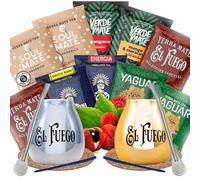 Yerba mate sample set with accessories | Yerba mate Yaguar, Verde Mate, Soul Mate, Guarani, El Fuego | 2x calabash, 2x yerba mate bombilla | 10x50g | Natural caffeine | 500g | 0.5kg