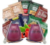 Yerba mate sample set with accessories | Yerba mate Yaguar, Verde Mate, Soul Mate, Guarani, El Fuego | 2x calabash, 2x yerba mate bombilla | 10x50g | Natural caffeine | 500g | 0.5kg