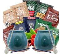 Yerba mate sample set with accessories | Yerba mate Yaguar, Verde Mate, Soul Mate, Guarani, El Fuego | 2x calabash, 2x yerba mate bombilla | 10x50g | Natural caffeine | 500g | 0.5kg