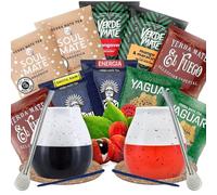 Yerba mate sample set with accessories | Yerba mate Yaguar, Verde Mate, Soul Mate, Guarani, El Fuego | 2x calabash, 2x yerba mate bombilla | 10x50g | Natural caffeine | 500g | 0.5kg