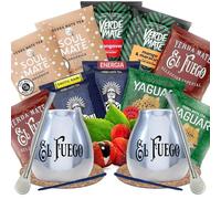 Yerba mate sample set with accessories | Yerba mate Yaguar, Verde Mate, Soul Mate, Guarani, El Fuego | 2x calabash, 2x yerba mate bombilla | 10x50g | Natural caffeine | 500g | 0.5kg