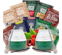 Yerba mate sample set with accessories | Yerba mate Yaguar, Verde Mate, Soul Mate, Guarani, El Fuego | 2x calabash, 2x yerba mate bombilla | 10x50g | Natural caffeine | 500g | 0.5kg