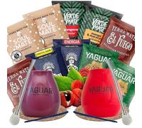 Yerba mate sample set with accessories | Yerba mate Yaguar, Verde Mate, Soul Mate, Guarani, El Fuego | 2x calabash, 2x yerba mate bombilla | 10x50g | Natural caffeine | 500g | 0.5kg