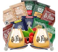 Yerba mate sample set with accessories | Yerba mate Yaguar, Verde Mate, Soul Mate, Guarani, El Fuego | 2x calabash, 2x yerba mate bombilla | 10x50g | Natural caffeine | 500g | 0.5kg