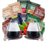 Yerba mate sample set with accessories | Yerba mate Yaguar, Verde Mate, Soul Mate, Guarani, El Fuego | 2x calabash, 2x yerba mate bombilla | 10x50g | Natural caffeine | 500g | 0.5kg