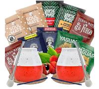 Yerba mate sample set with accessories | Yerba mate Yaguar, Verde Mate, Soul Mate, Guarani, El Fuego | 2x calabash, 2x yerba mate bombilla | 10x50g | Natural caffeine | 500g | 0.5kg