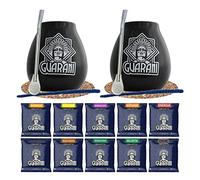 Yerba Mate Tea Complete Double Set 2x Begginer's Set for Couples Yerba Mate Guarani 10x50g 2x Large Ceramic Gourd 350ml 2x Stainless Steel Bombilla 2x Cork Coaster 2x Cleaner Product of Cebador