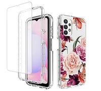 Yerebel Case for Galaxy A13 4G/A13 LTE 4G SM-A135F with Tempered Glass Screen Protector, Floral Design Shockproof Bumper Full Body Protective Cell Phone Cover for Samsung Galaxy A13 4G (Purple Flower)