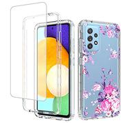 Yerebel Case for Galaxy A52 5G/4G/Galaxy A52S SM-A526 with Tempered Glass Screen Protector, Floral Design Shockproof Bumper Full Body Protective Cell Phone Cover for Samsung Galaxy A52 (Rose)