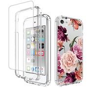 Yerebel Case for iPod Touch 6/Touch 5/Touch 7 with Tempered Glass Screen Protector, Floral Design Shockproof Bumper Full Body Protective Cell Phone Cover for iPod Touch 7 (Purple Flower)