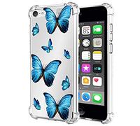 Yerebel Case for iPod Touch 7/6/5 - Cute Blue Butterfly Floral Bumper TPU Silicone Case with Drop & Scratch Protection