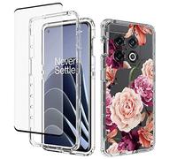 Yerebel Case for OnePlus 10 Pro NE2210 with Tempered Glass Screen Protector, Floral Design Shockproof Bumper Full Body Protective Cell Phone Cover for OnePlus 10 Pro (Purple Flower)