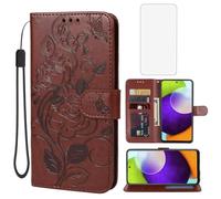 Yerebel for Galaxy A52 5G/4G/Galaxy A52S SM-A526 Wallet Case with Tempered Glass Screen Protector, Flower Leather Flip Protective Case Credit Card Holder Stand Phone Cover for Samsung Galaxy A52 Brown