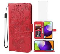 Yerebel for Galaxy A52 5G/4G/Galaxy A52S SM-A526 Wallet Case with Tempered Glass Screen Protector, Flower Leather Flip Protective Case Credit Card Holder Stand Phone Cover for Samsung Galaxy A52 Red