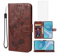 Yerebel for OnePlus 8T 5G/OnePlus 9R Case KB2000 LE2101 Wallet Case with Tempered Glass Screen Protector, Flower Leather Flip Protective Case Credit Card Holder Stand Phone Cover for OnePlus 8T Brown