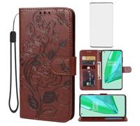 Yerebel for OnePlus 9 Pro 5G Case, LE2121 Wallet Case with Tempered Glass Screen Protector, Flower Leather Flip Protective Case Credit Card Holder Stand Phone Cover for OnePlus 9 Pro 5G Brown