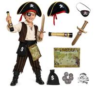 Yeria 7 Pcs Kids Pirate Costume Accessories Set - Pirate Hat with Eye Patch,Sword,Telescope, Treasure Map,Coin Bag Ring - Boys Girls Pirate Dress Up Party Supplies for Halloween,Fancy Dress,Role Play