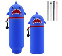 Yeria Kawaii Silicone Pencil Case 2 in 1 - Cute Animals Expandable Case for Pens, Supplies, Office or School - With 4 Free Erasable Gel Pens, Black, Shark