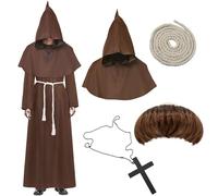 Yeria Medieval Monk Costume Men's Monk's Cowl with Hood, Monk Wig Hat Dark Brown, Belt Hemp Rope, Cross Chain, Halloween, Carnival, XL (175-185 cm) Authentic Priest Robe (Brown)