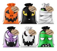 Yerliker 24 Pcs Halloween Burlap Treat Bags with Pumpkin Cards and Drawstring 7 x 5 Inch Halloween Linen Jute Bag Trick or Treat Burlap Candy Pouches for Party Favor (Quirky Style)
