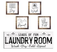 Yerliker Set of 5 Laundry Room Decor for Wall Laundry Room Sign Farmhouse Wooden 4.7 x 4.7 Inch Wash Dry Fold Repeat Signs Rustic Wall Art Decor for Bathroom Home(White, Small)