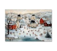 Yermidi Christmas Village Wall Art Snowy Winter Town Poster Abstract Holiday Snow Landscape Canvas Painting Vintage Christmas Ice Skating Print Festive Decor for Home Living Room 12x16inch Unframed
