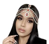 YERTTER Bohemian Full Silver Rhinestone Chain Red Crystal Head Chain Clip Drop Pendant HeadPieces Forehead Headband Hair Accessories for Wedding Brides Party Prom Costume (Silver Red)
