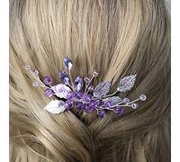 YERTTER Wedding Crystal Leaf Bridal Hair Comb Clip Pearl Wedding Hair Accessories for Bride Bridesmaid Flower Girls (Purple and Silver)