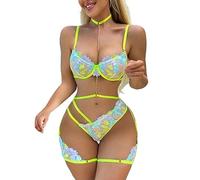 Yes Daddy Lingerie for Women Women's Underwear Set with Colorful Flower and Leaf Embroidery Lace Metal Chain Splicing Open Bra for Big Breasted Women (Yellow, S)