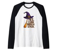 Yes I Can Drive A Stick Funny Halloween Witch Raglan Baseball Tee