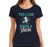YES I CAN Drive A Stick Witch Witch Broom Halloween Magical Funny Women's T-Shirt, navy, S