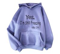 Yes, I'm Still Freezing Monogram Print Sweatshirt Blouse Pullover Solid Color Hooded with Drawstring Pockets Long Sleeve Purple Hoodies for Women