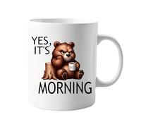 Yes, It's Morning Grumpy Bear 11oz Ceramic Morning Coffee Mug - Funny Blue Cartoon Bear Design - Ideal for Caffeine Lovers - Durable and Comfortable Handle
