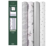 Yes-Online 8 Metres Christmas Wrapping Paper Set Pack Silver And White Woodland Theme With Raffia And Tags Xmas Presents Uniform