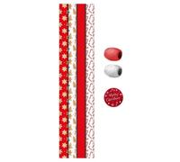 Yes-Online Christmas Wrapping Paper Set 4 Rolls 8 Tags 2M Raffia Ties Red Gingerbread 8 Metres