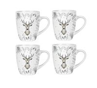 Yes-Online Set Of 4 White And Silver Christmas Mugs Stag Deer Foliage Print 350Ml