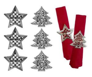 Yes-Online Set Of 6 Napkin Rings Christmas Tree Star Xmas Silver Metal Elegant Table Set