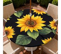 Yesad Round Outdoor Tablecloth with Umbrella Hole, Zippered Fitted Tablecloth with Elastic Edge, Waterproof Table Cloth Cover for Picnic Party Fits 49"-52" Round Table, Big Sunflower