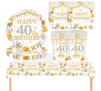 YESAH 53P 40th Birthday Party Tableware Set,White Gold Paper Dinnerware Set | Includes Paper Plates,Cups,Napkins and Reusable Tablecloth for Him,Her Gold Table Decor -16 Guests