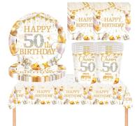 YESAH 53P 50th Birthday Party Tableware Set,White Gold Paper Dinnerware Set | Includes Paper Plates,Cups,Napkins and Reusable Tablecloth for Him,Her Gold Table Decor -16 Guests