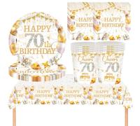 YESAH 53P 70th Birthday Party Tableware Set,White Gold Paper Dinnerware Set | Includes Paper Plates,Cups,Napkins and Reusable Tablecloth for Him,Her Gold Table Decor -16 Guests