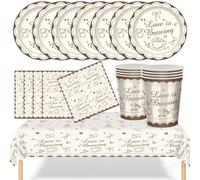 YESAH 53P Love is Brewing Tableware Set for Hen Do|Bridal Shower Party -16 | Paper Brown Wedding Dinnerware Pack Includes Plates,Cups,Napkins and Reusable Tablecloth,Garden Party and Celebration Decor