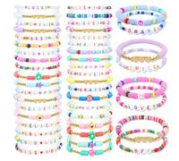 yesaior 60 Pcs Colorful Friendship Bracelet, Stackable Elastic Cute Beaded Bracelets Preppy Bracelets Bulk Set for Women Gift, M, Acrylic, no gemstone