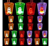 yesaior Halloween Light Up Shot Glasses Necklaces Bulk, LED Plastic Beaded Shot Necklace Cups, Pumpkin Skull Ghost Glow in the Dark Cups for Halloween Party Favors Supplies(24PCS)